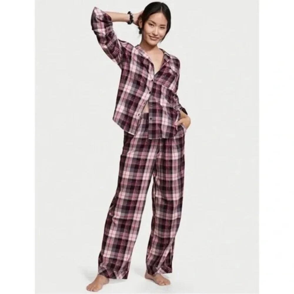 Victoria's Secret Pink & Gray Plaid Pajama Set W/Silver Thread-Womens‎ Sz Large